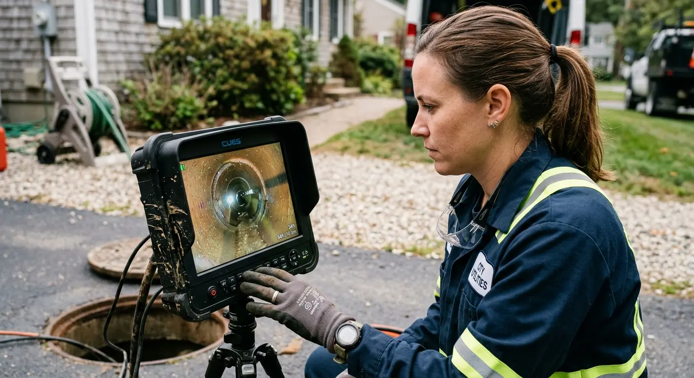 Technician reviewing sewer camera inspection footage in Erwin
