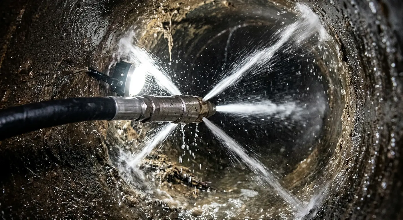 High-pressure hydro jetting nozzle cleaning sewer pipe for Trenchless Sewer Repair in Erwin