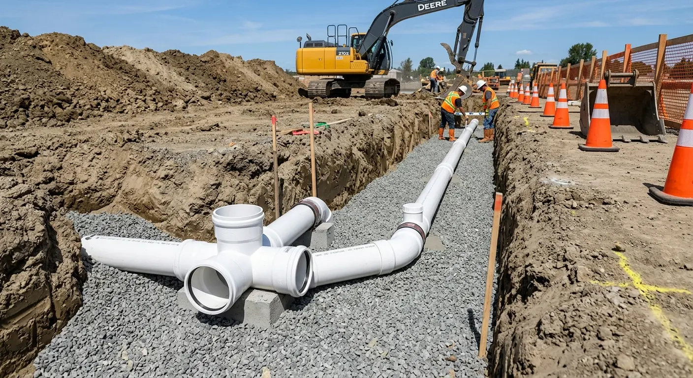New PVC sewer pipe installation in open trench for Grease Trap Cleaning in Erwin