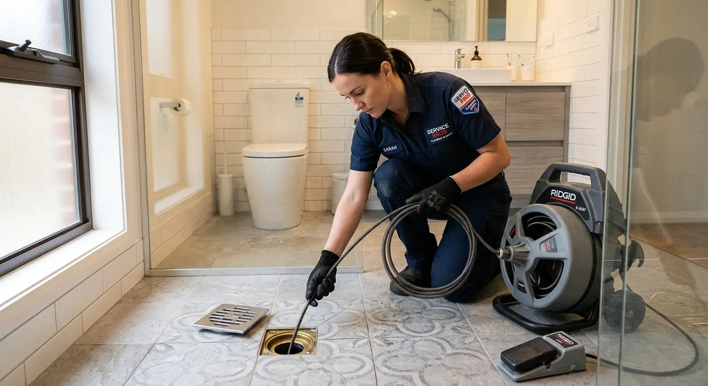 Technician clearing a bathroom floor drain for Drain Cleaning in Erwin